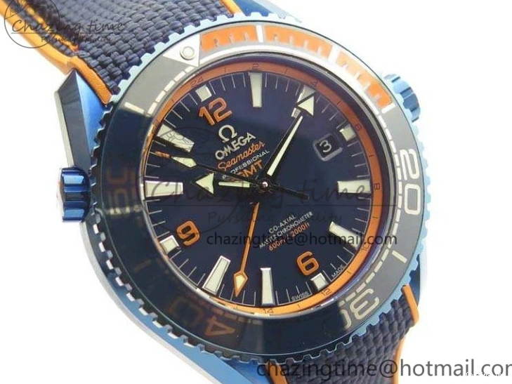 1219 Unique Planet Ocean 45mm GMT Blue DLC Black OMF Best Edition Blue Dial On Blue Gummy Strap A 8123